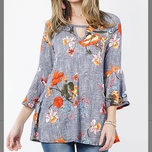 Navy Floral 3/4 Bell-Sleeve Tunic, S